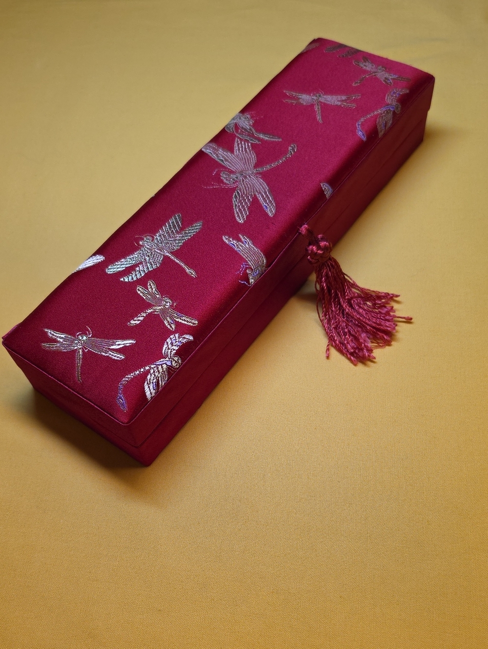 Vintage Chinese Silk Brocade Jewelry Box Organizer Red Dragonfly 10.25x3x1.5